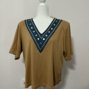 Vintage 1980 Rodeo Gepetto Tan Embellished V Neck S Shoulder Pads Short Sleeve T